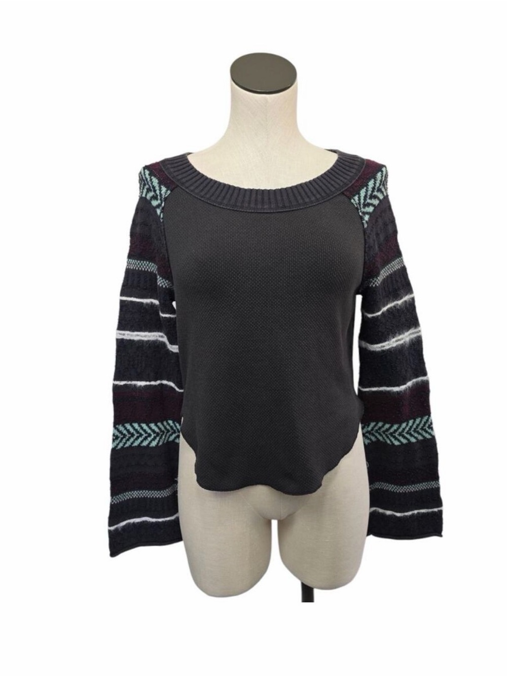 Free People Black Sweater with Colorful Sleeves